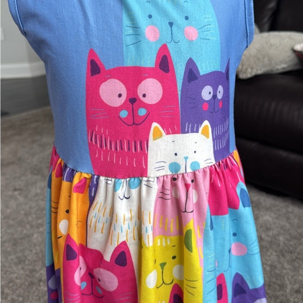 Vibrant Cat Print Kids Casual Dress